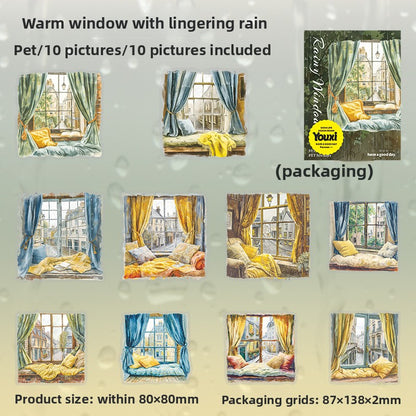 ART EMBOSS Window Rain View PET Sticker Pack – Cozy Rainy Season Stickers (10 Sheets) Warm window with lingering rain