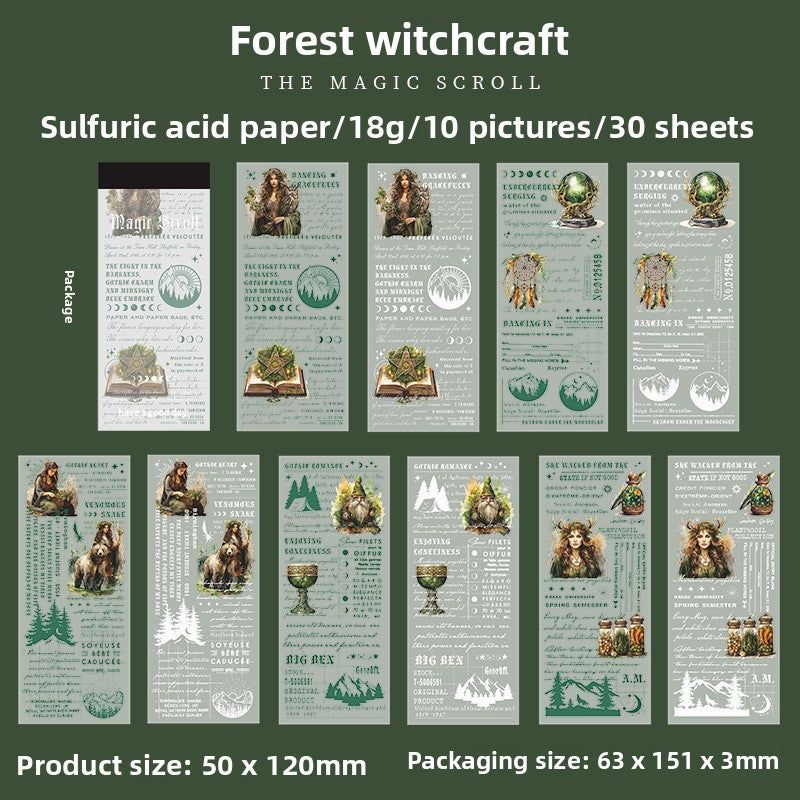 ART EMBOSS Magic Scroll Paper Pack – Fantasy Decorative Paper (30 Sheets) Forest witchcraft