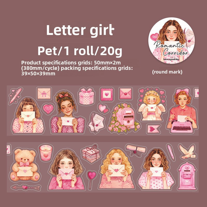 ART EMBOSS Romantic Corridor PET Sticker Tape – Decorative Journaling Tape (4 Styles) Letter girl