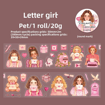 ART EMBOSS Romantic Corridor PET Sticker Tape – Decorative Journaling Tape (4 Styles) Letter girl