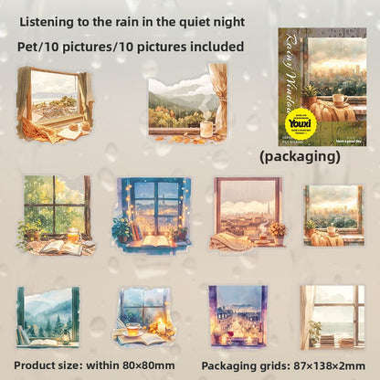 ART EMBOSS Window Rain View PET Sticker Pack – Cozy Rainy Season Stickers (10 Sheets) Listening to the rain in the quiet night