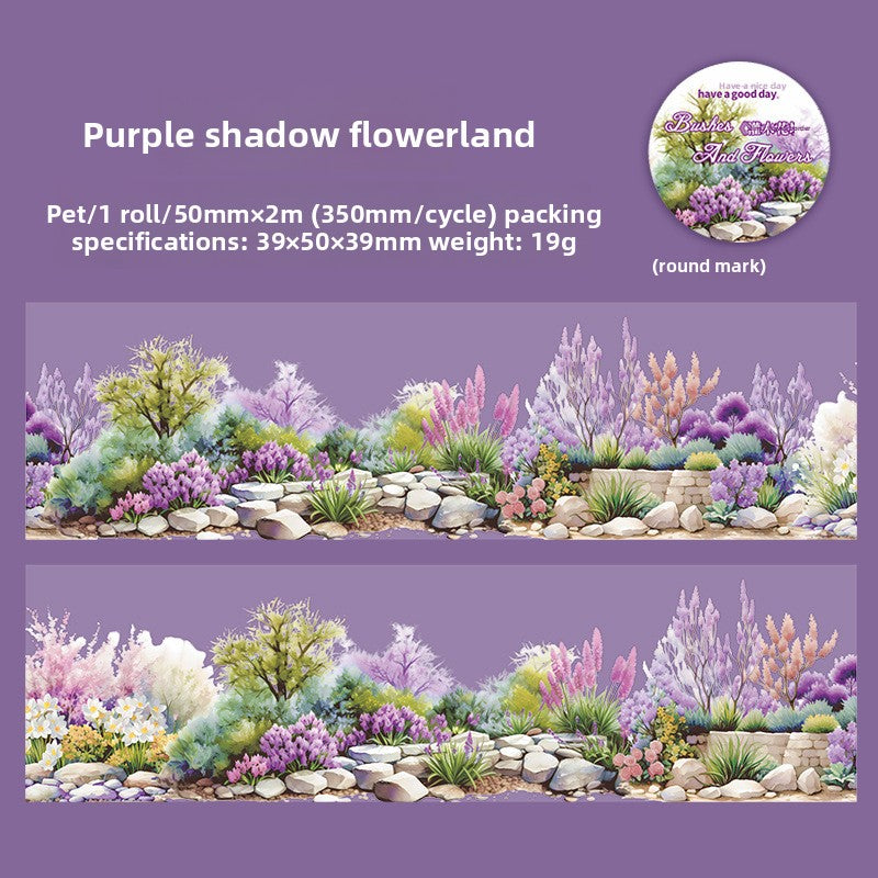 ART EMBOSS Shrub Flower Border PET Sticker Tape – Botanical Border Tape (6 Styles) Purple shadow flowerland