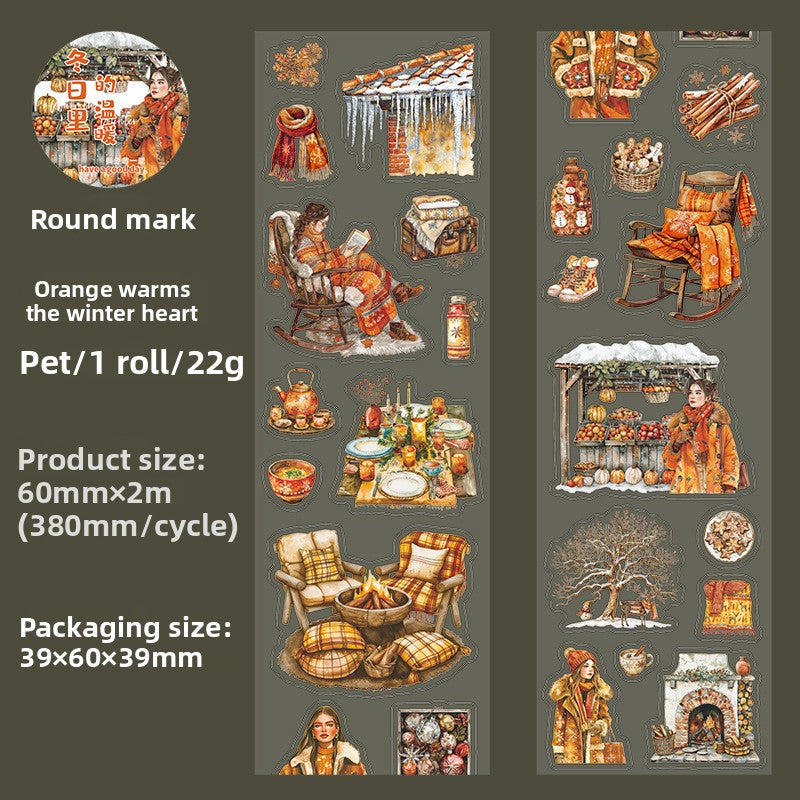 ART EMBOSS Winter Warmth PET Sticker Tape – Winter Die-Cut Stickers (6 Styles) Orange warms the winter heart