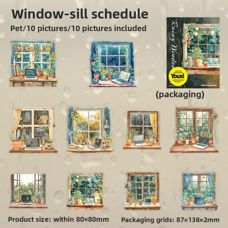 ART EMBOSS Window Rain View PET Sticker Pack – Cozy Rainy Season Stickers (10 Sheets) Window-sill schedule