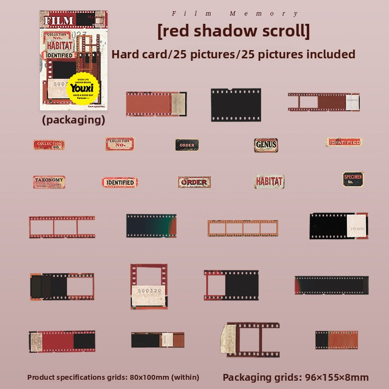 ART EMBOSS Film Memory Sticker Set – Retro Movie Card Stickers (25 Pieces) Red shadow scroll