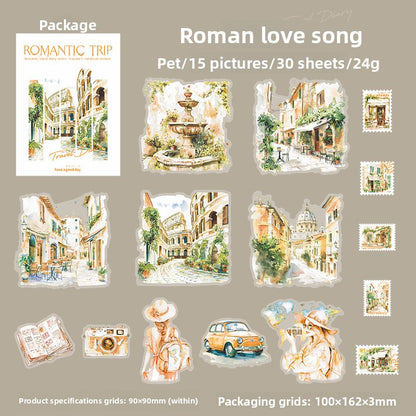 ART EMBOSS Romantic Travel Diary PET Sticker Pack – Travel Stickers (30 Sheets) Roman love song