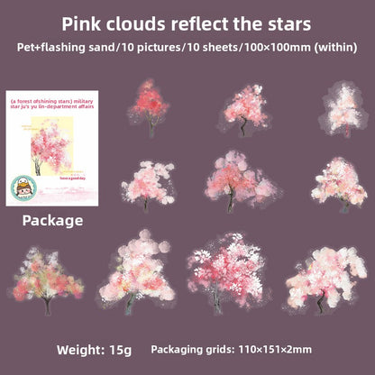 ART EMBOSS Sparkling Galaxy Forest PET Sticker Pack – Tree-Themed Stickers (10 Sheets) Pink clouds reflect the stars