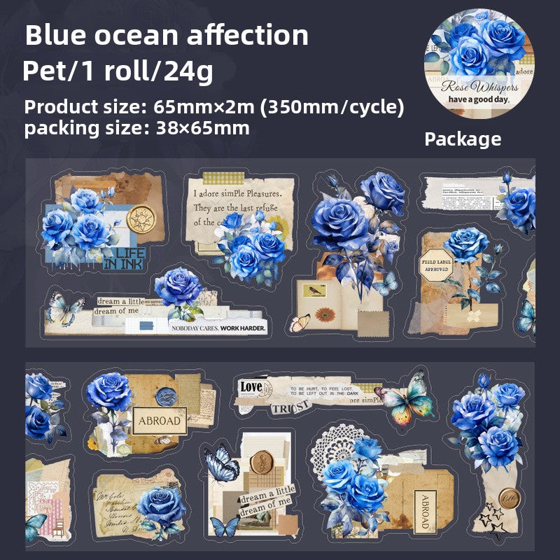 ART EMBOSS Rose Whispers PET Sticker Tape – Botanical Rose Tape (6 Styles) Blue ocean affection