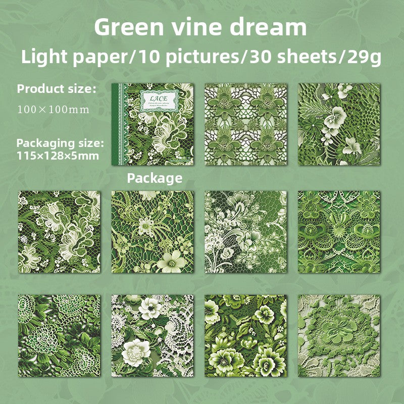 ART EMBOSS Lace Texture Paper Pack – Vintage Background Paper (30 Sheets) Green vine dream