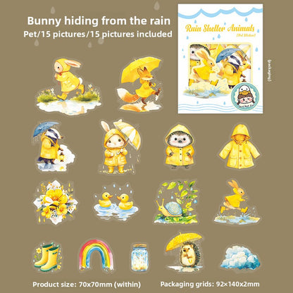 ART EMBOSS Rainy Day Animal PET Sticker Pack – 15 Sheets (6 Designs) Bunny hiding from the rain