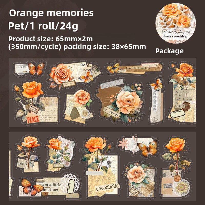 ART EMBOSS Rose Whispers PET Sticker Tape – Botanical Rose Tape (6 Styles) Orange memories