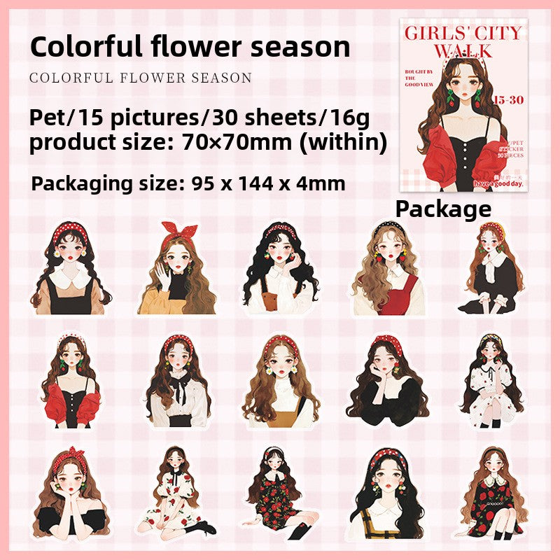 ART EMBOSS Urban Chic PET Sticker Pack – Fashion Girl Stickers (30 Pieces) Colorful flower season