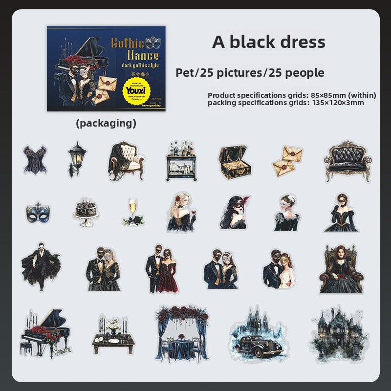ART EMBOSS Gothic Ball Sticker Set – Dark Aesthetic Stickers (25 Pieces) Black dress