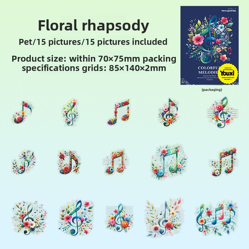 ART EMBOSS Colorful Melody PET Sticker Pack – Watercolor Wash Stickers (15 Sheets) Floral rhapsody