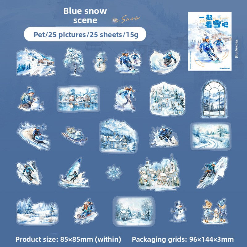 ART EMBOSS Let’s Watch the Snow Sticker Pack – Winter Scene Stickers (25 Sheets) Blue snow scene
