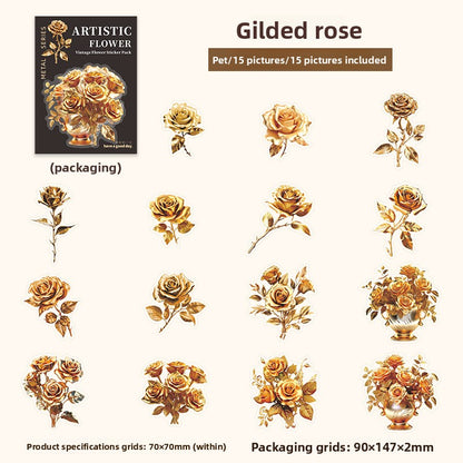 ART EMBOSS Vintage Flower Journaling Stickers(15 Sheets) Gilded rose