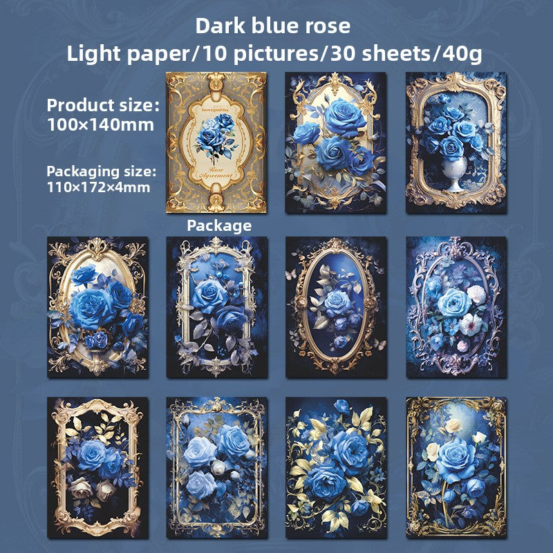 ART EMBOSS Rose Appointment Paper Pack – Vintage Rose Decorative Paper (30 Sheets) Dark blue rose