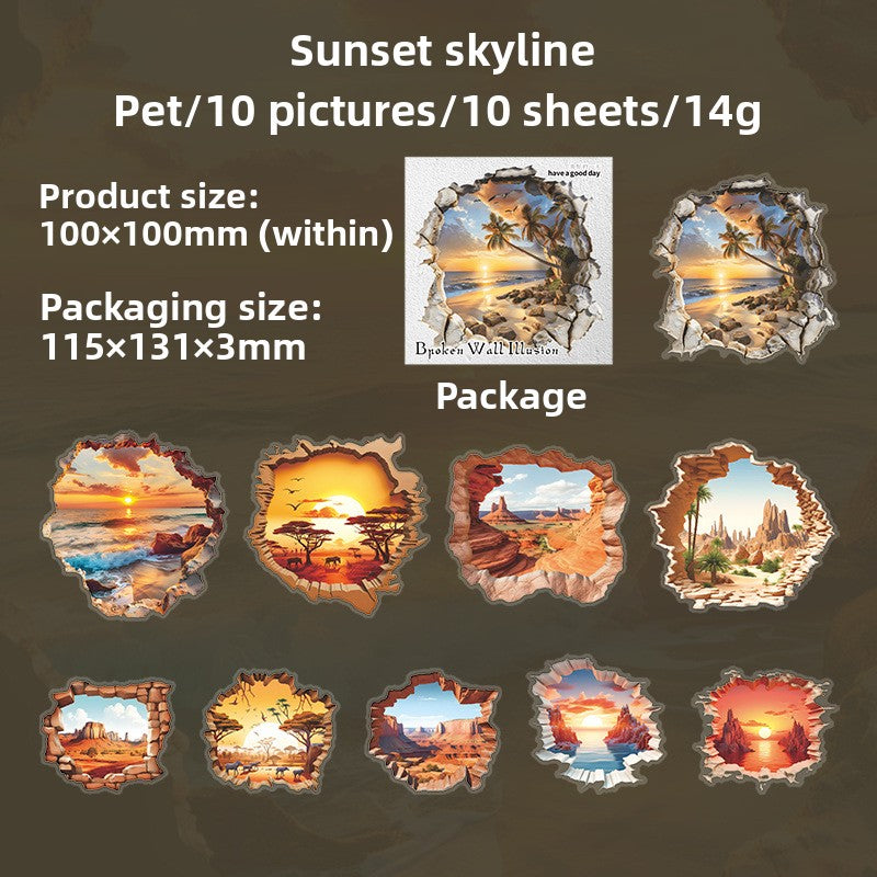 ART EMBOSS Broken Wall Fantasy PET Sticker Pack – 3D Wall Hole Stickers (10 Sheets) Sunset skyline