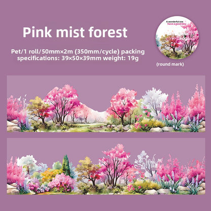 ART EMBOSS Shrub Flower Border PET Sticker Tape – Botanical Border Tape (6 Styles) Pink mist forest
