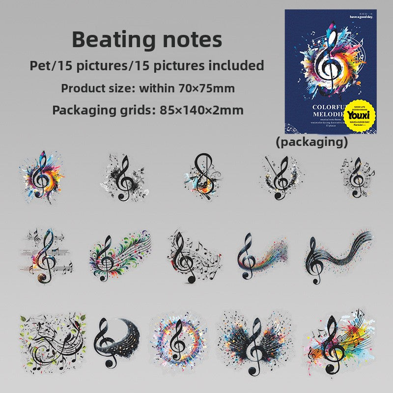 ART EMBOSS Colorful Melody PET Sticker Pack – Watercolor Wash Stickers (15 Sheets) Beating notes