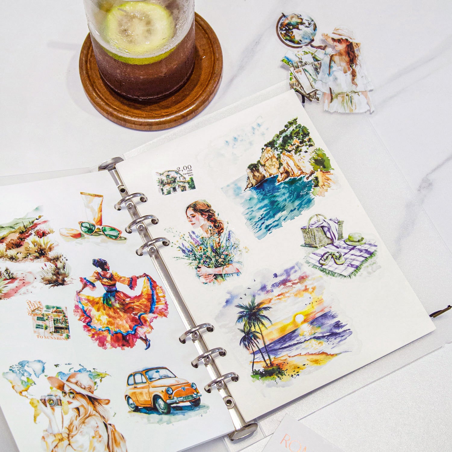 ART EMBOSS Romantic Travel Diary PET Sticker Pack – Travel Stickers (30 Sheets)