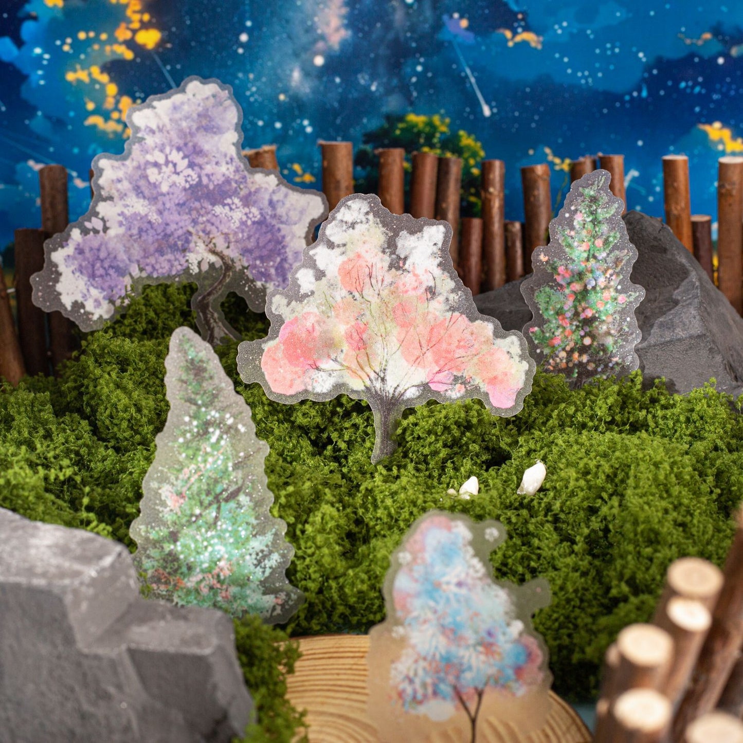 ART EMBOSS Sparkling Galaxy Forest PET Sticker Pack – Tree-Themed Stickers (10 Sheets)