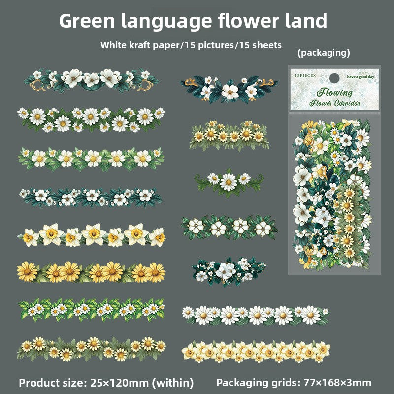 ART EMBOSS Vintage Floral Stickers (15 Sheets) Green language flower land