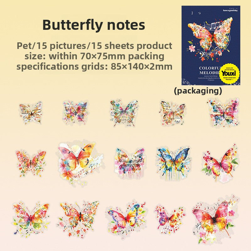 ART EMBOSS Colorful Melody PET Sticker Pack – Watercolor Wash Stickers (15 Sheets) Butterfly notes