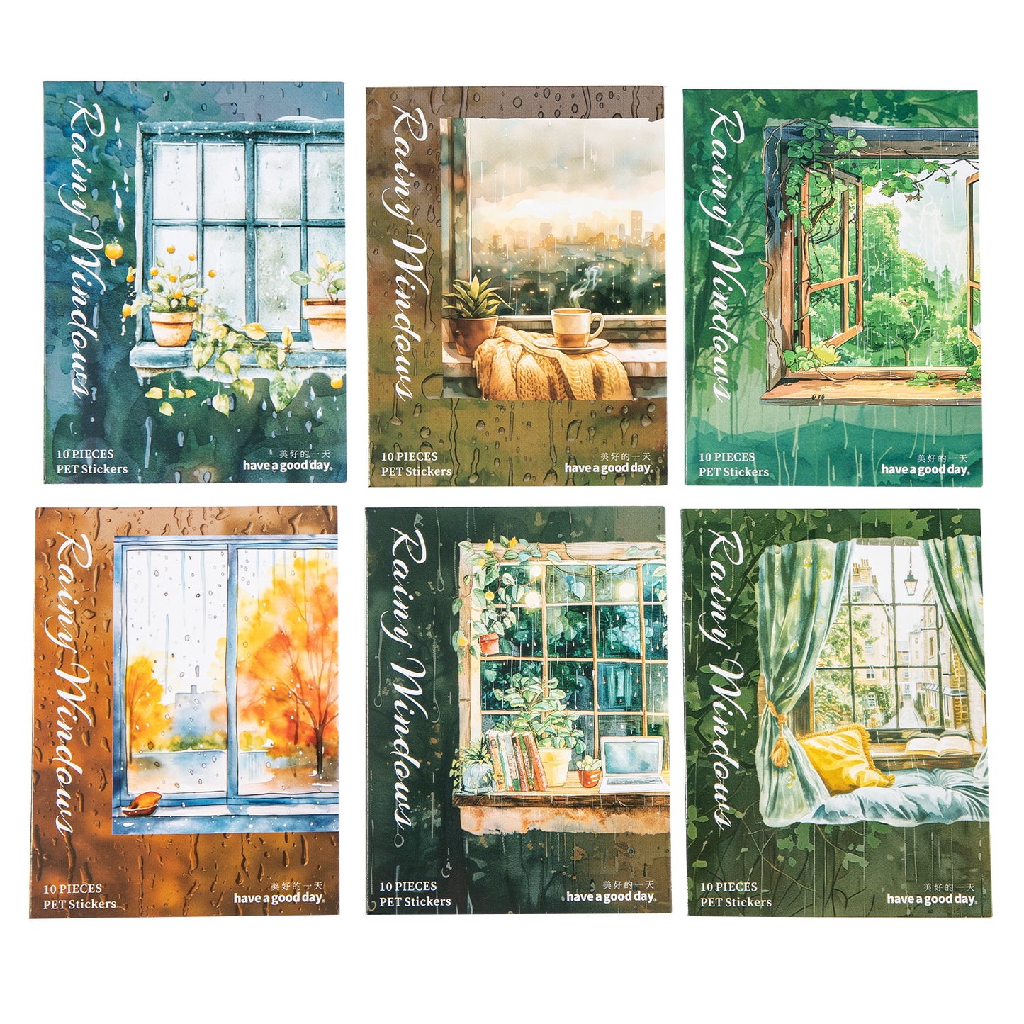 ART EMBOSS Window Rain View PET Sticker Pack – Cozy Rainy Season Stickers (10 Sheets)
