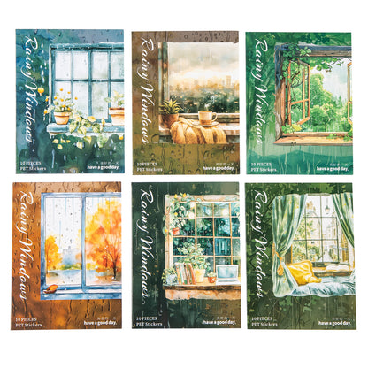 ART EMBOSS Window Rain View PET Sticker Pack – Cozy Rainy Season Stickers (10 Sheets)