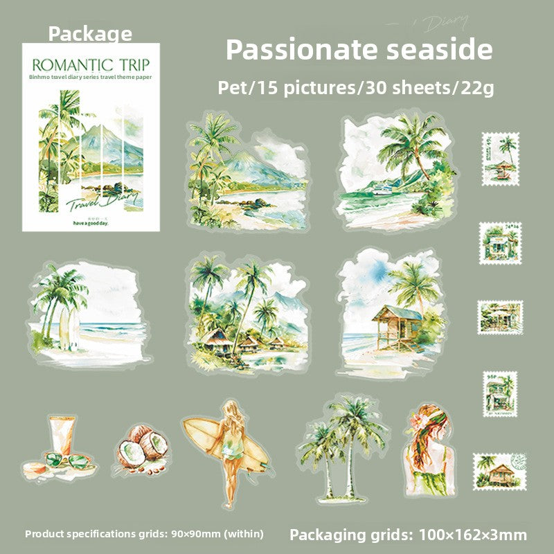 ART EMBOSS Romantic Travel Diary PET Sticker Pack – Travel Stickers (30 Sheets) Passionate seaside