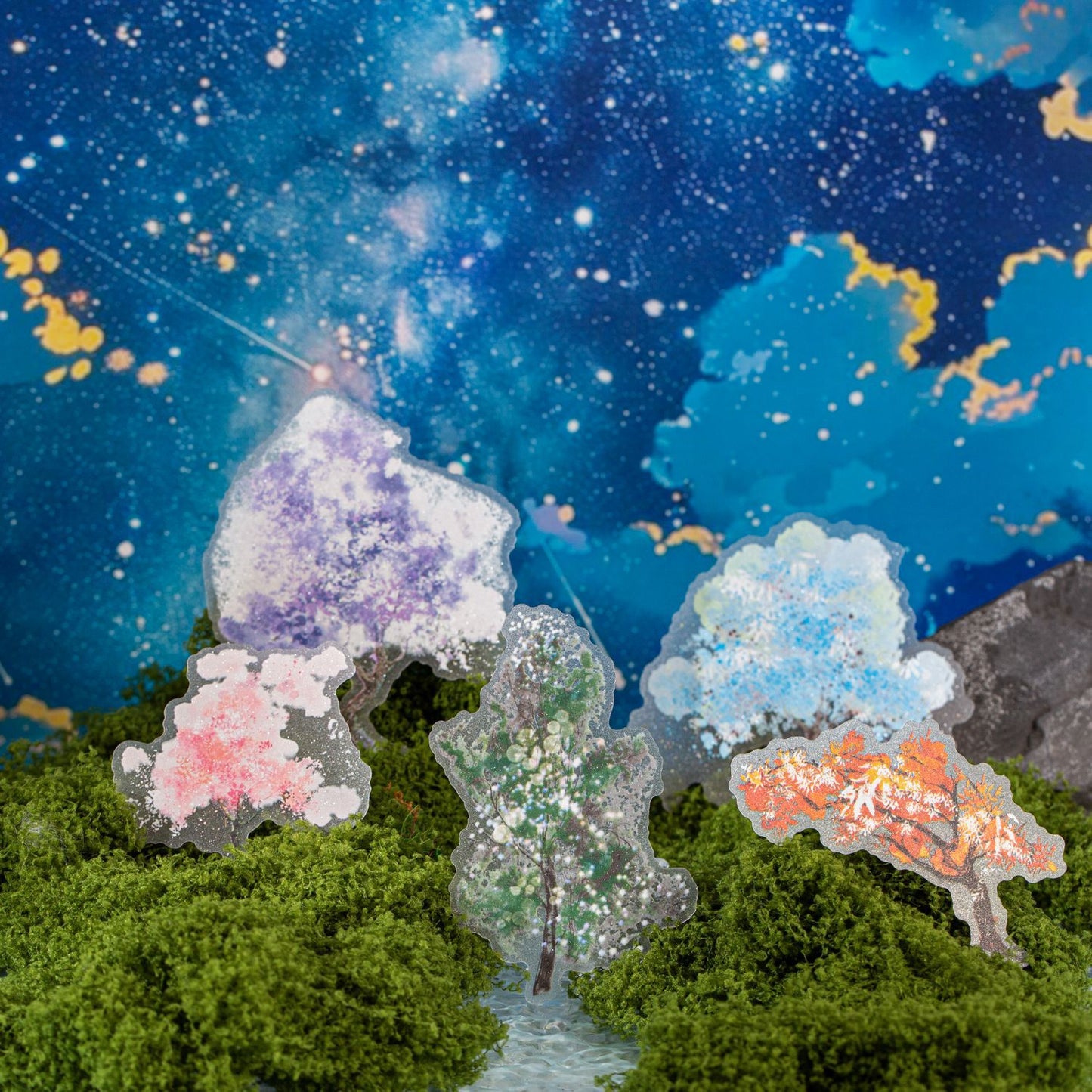 ART EMBOSS Sparkling Galaxy Forest PET Sticker Pack – Tree-Themed Stickers (10 Sheets)