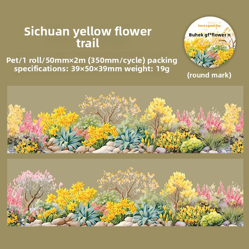 ART EMBOSS Shrub Flower Border PET Sticker Tape – Botanical Border Tape (6 Styles) Yellow flower path