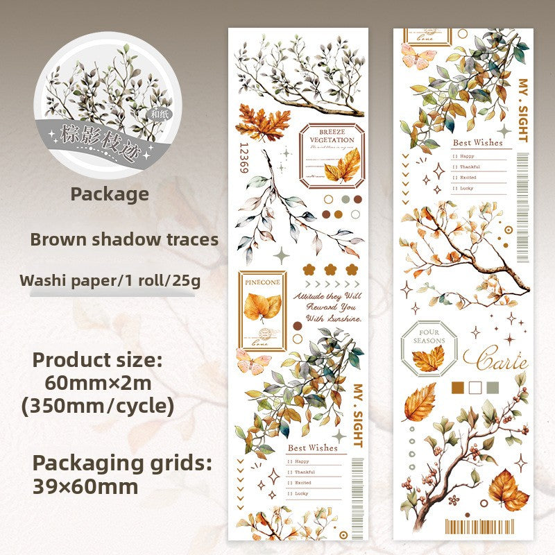 ART EMBOSS Branch & Leaf Notes Sticker Tape – Botanical Tape (6 Styles) Brown shadow traces