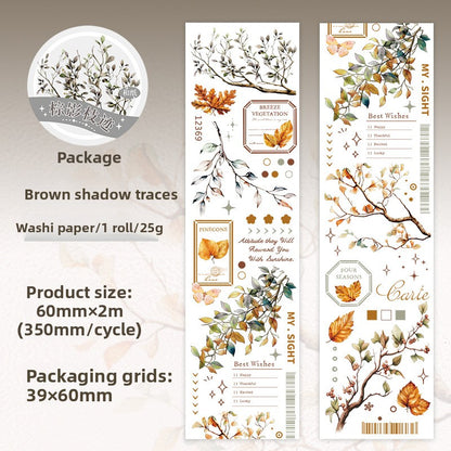 ART EMBOSS Branch & Leaf Notes Sticker Tape – Botanical Tape (6 Styles) Brown shadow traces
