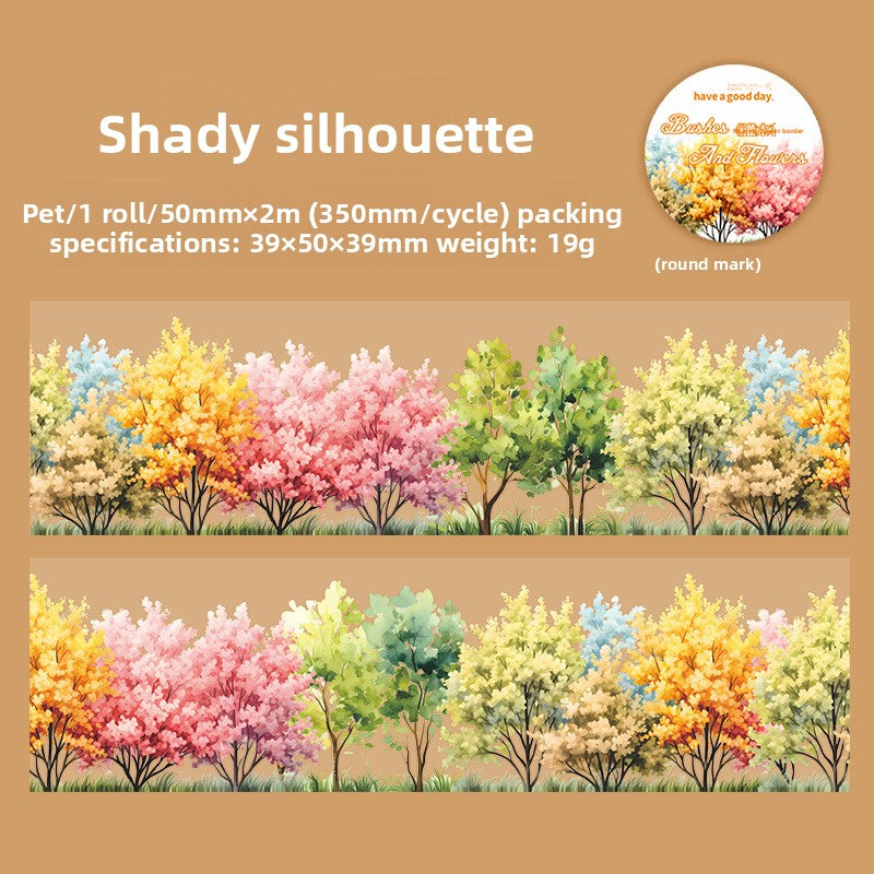ART EMBOSS Shrub Flower Border PET Sticker Tape – Botanical Border Tape (6 Styles) Shady silhouette
