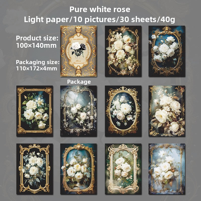ART EMBOSS Rose Appointment Paper Pack – Vintage Rose Decorative Paper (30 Sheets) Pure white rose