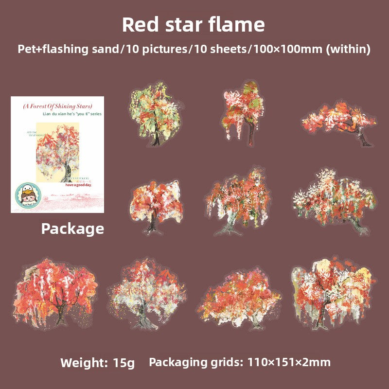 ART EMBOSS Sparkling Galaxy Forest PET Sticker Pack – Tree-Themed Stickers (10 Sheets) Red star flame