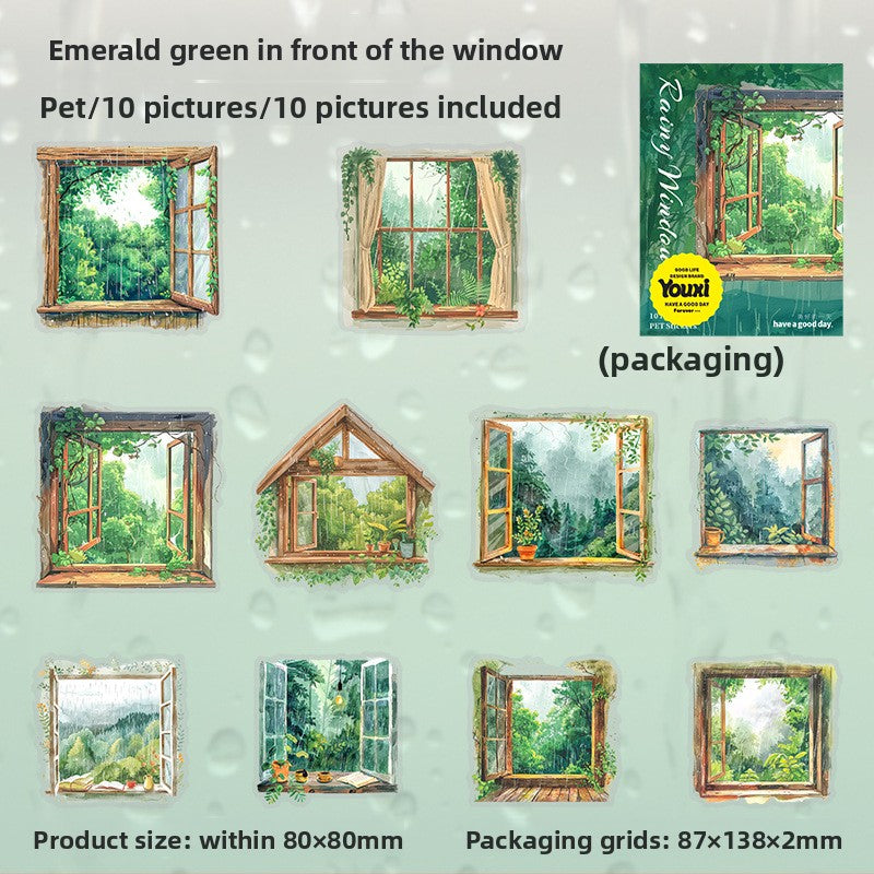 ART EMBOSS Window Rain View PET Sticker Pack – Cozy Rainy Season Stickers (10 Sheets) Emerald green in front of the window