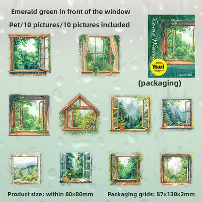 ART EMBOSS Window Rain View PET Sticker Pack – Cozy Rainy Season Stickers (10 Sheets) Emerald green in front of the window