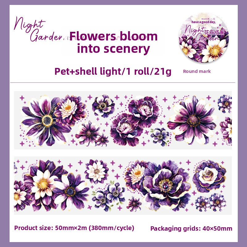 ART EMBOSS Fantasy Night Garden Sticker Tape – Glowing Floral Tape (6 Styles) Flowers bloom into scenery