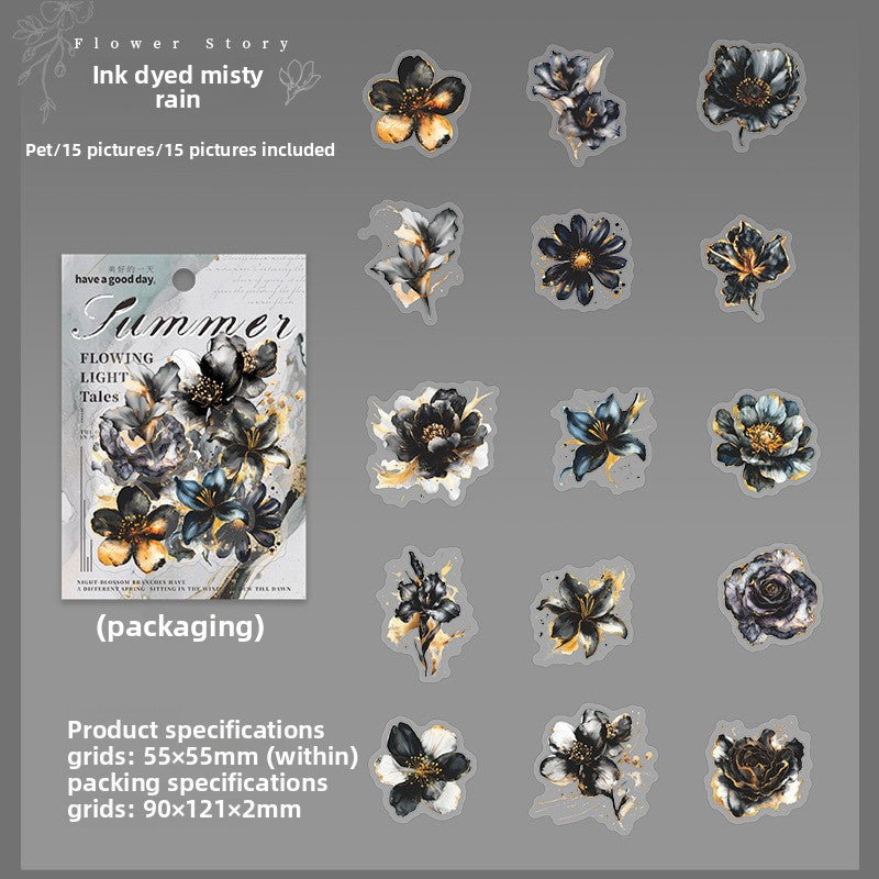 ART EMBOSS Floral Whispers PET Sticker Pack – Watercolor Flower Stickers (15 Sheets) Ink dyed misty rain