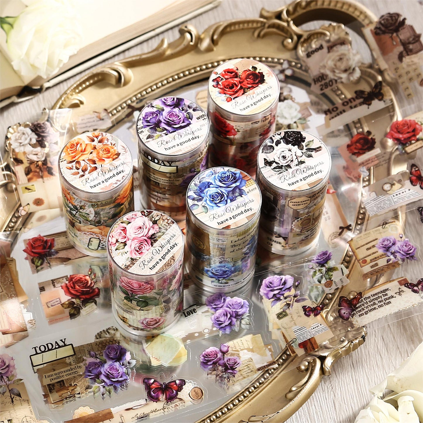 ART EMBOSS Rose Whispers PET Sticker Tape – Botanical Rose Tape (6 Styles)
