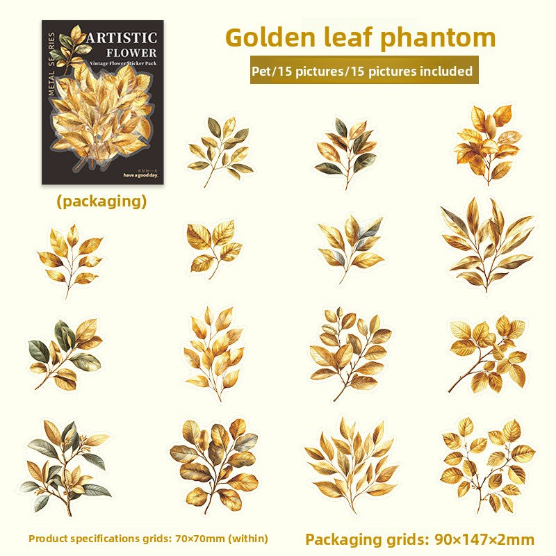 ART EMBOSS Vintage Flower Journaling Stickers(15 Sheets) Golden leaf phantom