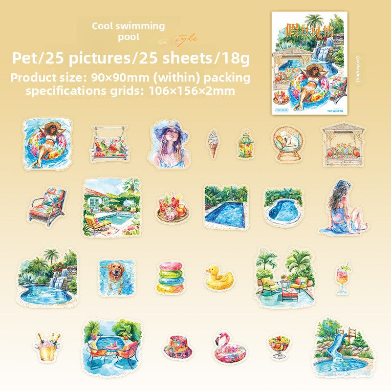 ART EMBOSS Holiday Vibes PET Sticker Pack – Travel Scrapbook Stickers (25 Sheets) Cool swimming pool