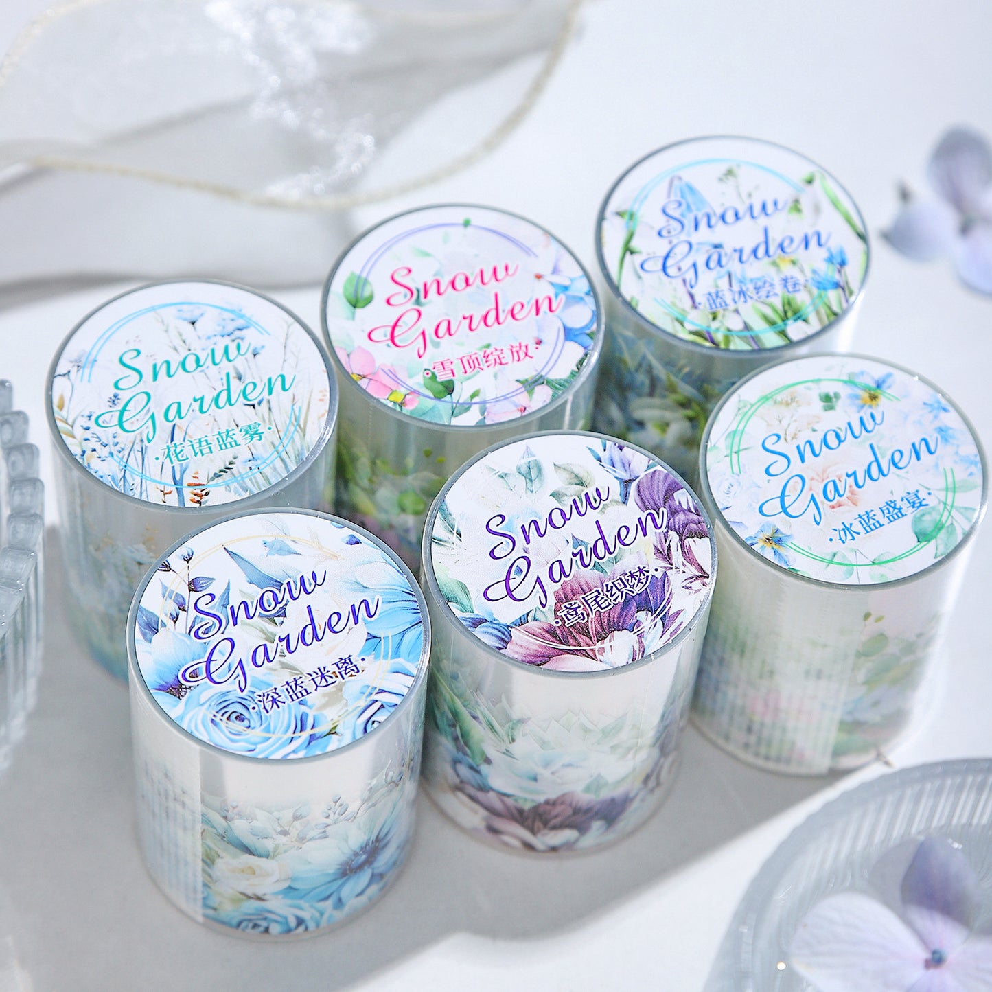 ART EMBOSS Snow Garden PET Sticker Tape – Winter Floral Tape (6 Styles)