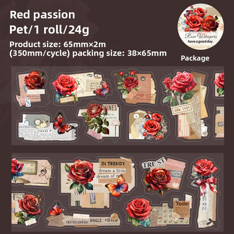 ART EMBOSS Rose Whispers PET Sticker Tape – Botanical Rose Tape (6 Styles) Red passion