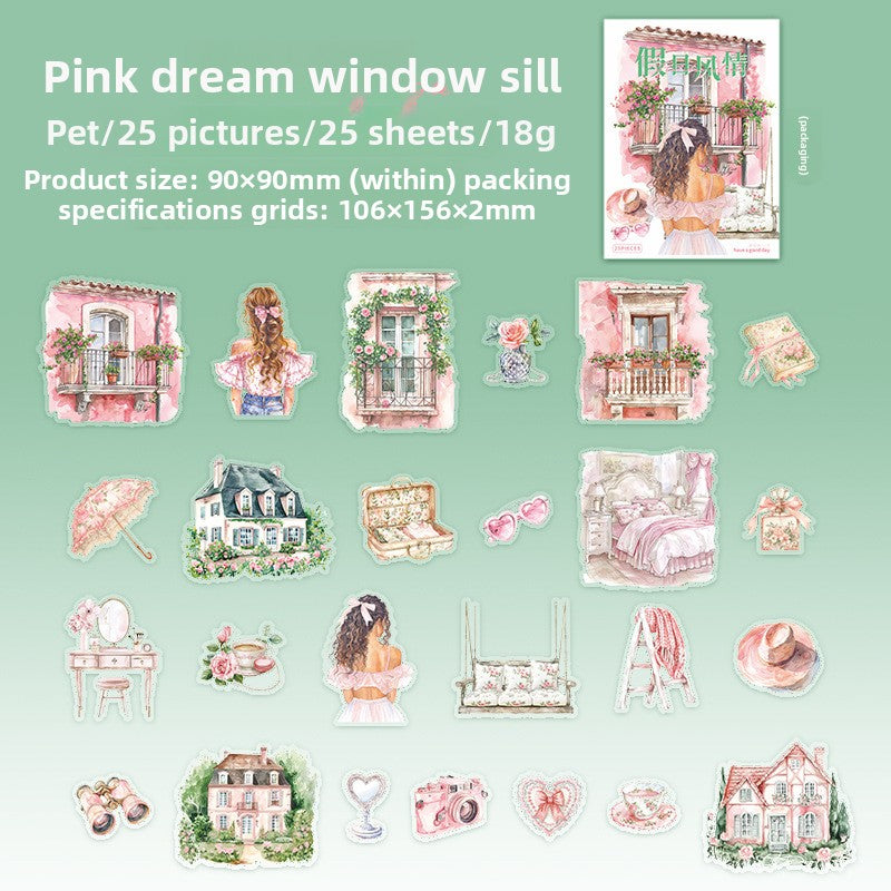 ART EMBOSS Holiday Vibes PET Sticker Pack – Travel Scrapbook Stickers (25 Sheets) Pink dream window sill