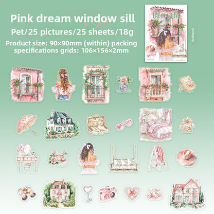 ART EMBOSS Holiday Vibes PET Sticker Pack – Travel Scrapbook Stickers (25 Sheets) Pink dream window sill