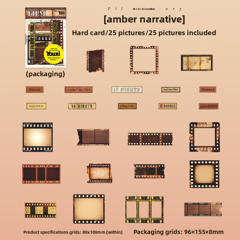 ART EMBOSS Film Memory Sticker Set – Retro Movie Card Stickers (25 Pieces) Amber narrative